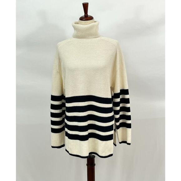 COS Sz XS Ivory Navy Blue Stripe Pullover Turtleneck Roll Neck Sweater - Picture 6 of 11